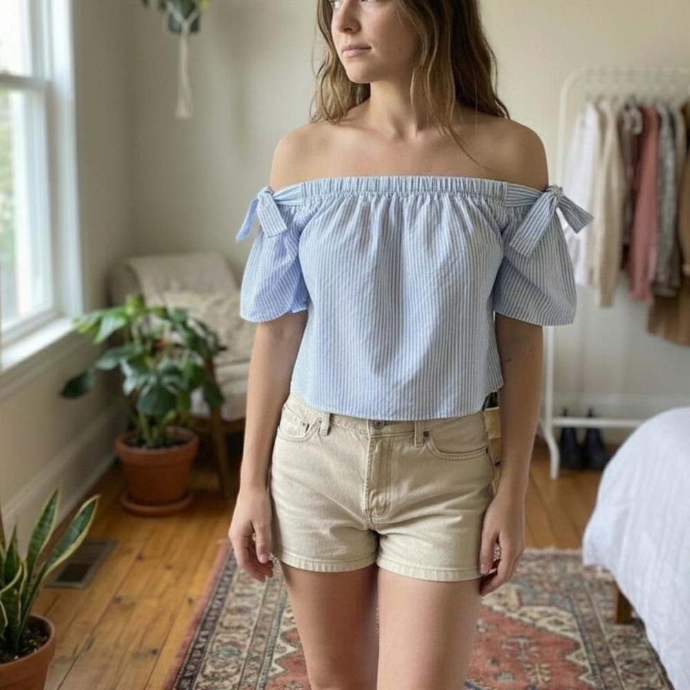 INC International Concepts Women’s Stripe Top Blue off the shoulder boho chic